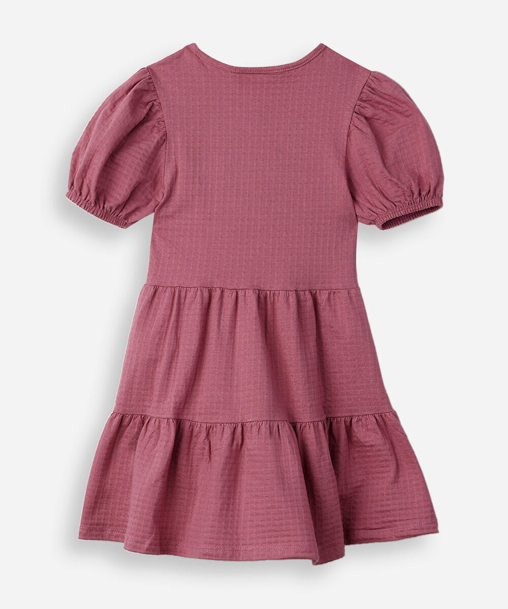 vestido infantil de algodão com recortes e laços manga bufante rosa