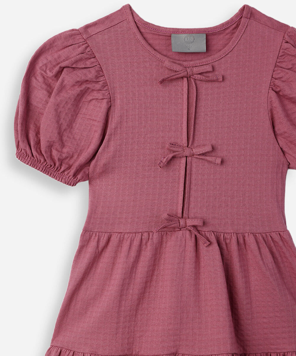 vestido infantil de algodão com recortes e laços manga bufante rosa