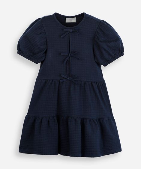 vestido infantil de algodão com recortes e laços manga bufante azul