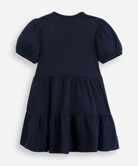 vestido infantil de algodão com recortes e laços manga bufante azul