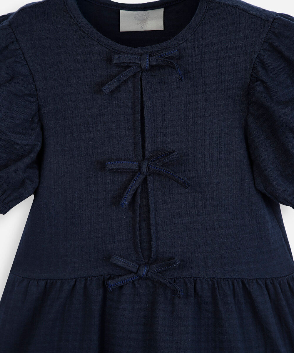 vestido infantil de algodão com recortes e laços manga bufante azul