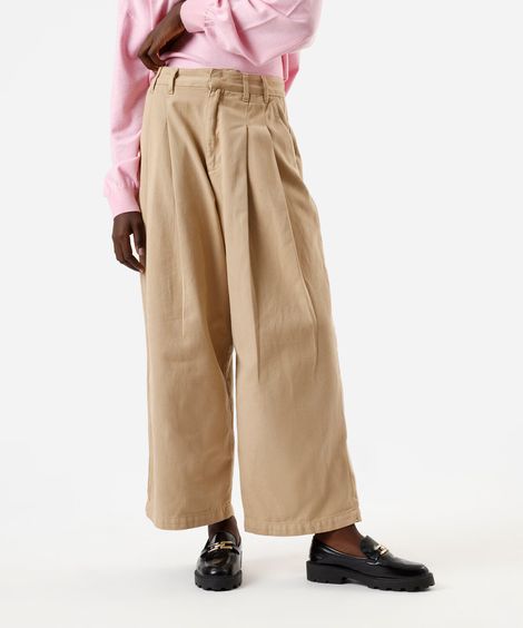 calça balloon feminina de sarja com pregas cintura alta bege