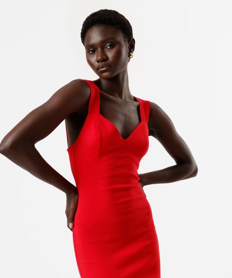 vestido midi feminino com viscose decote v  vermelho