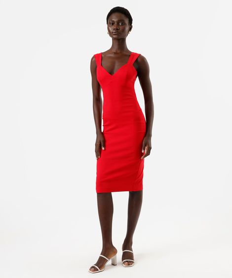 vestido midi feminino com viscose decote v  vermelho