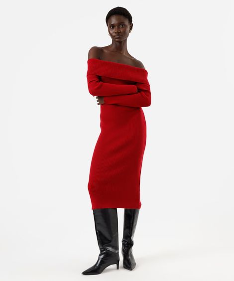 vestido ombro a ombro feminino de tricot canelado vermelho