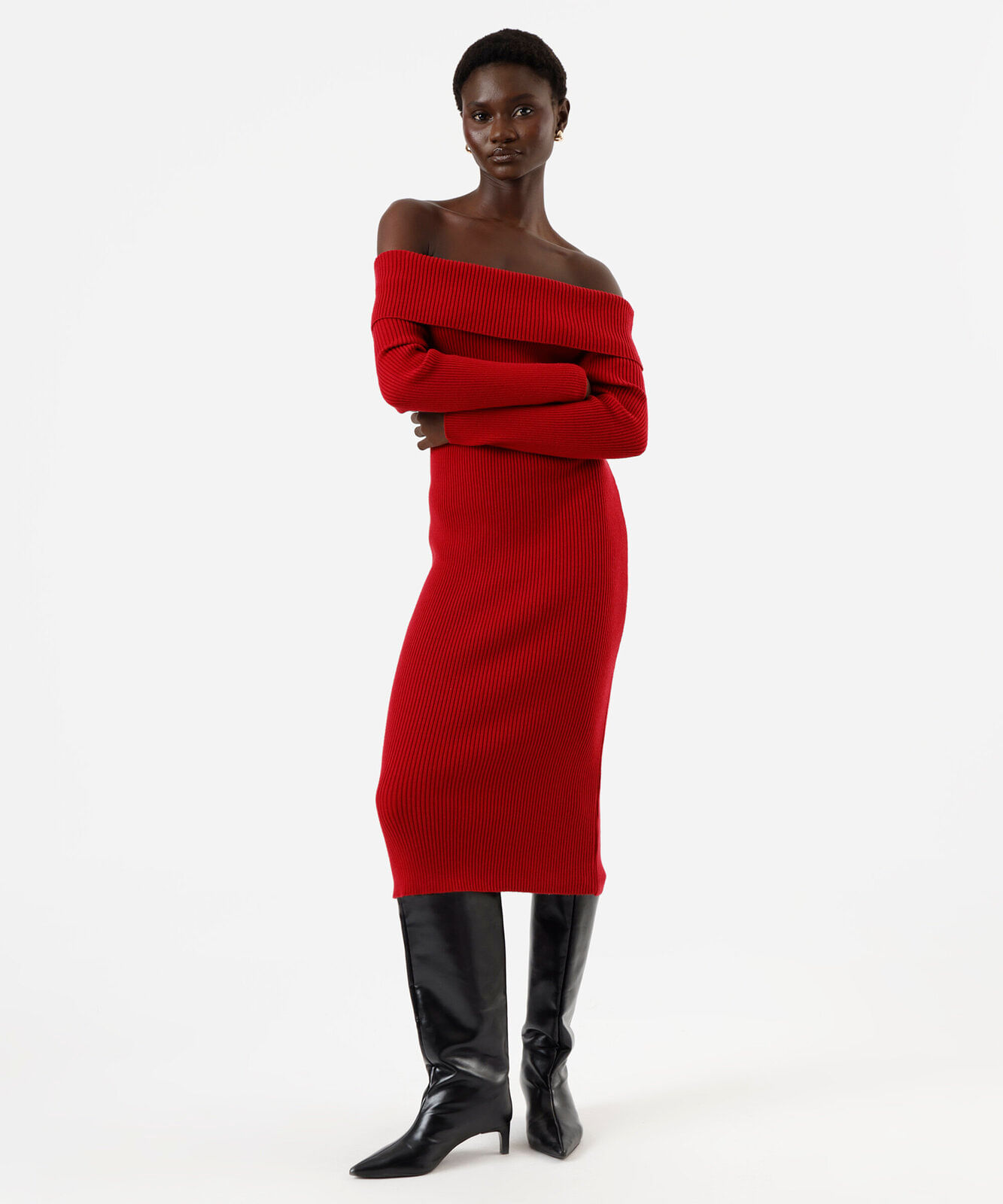 vestido ombro a ombro feminino de tricot canelado vermelho