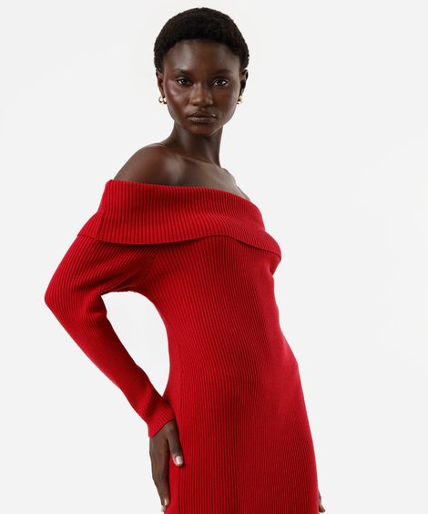 vestido ombro a ombro feminino de tricot canelado vermelho