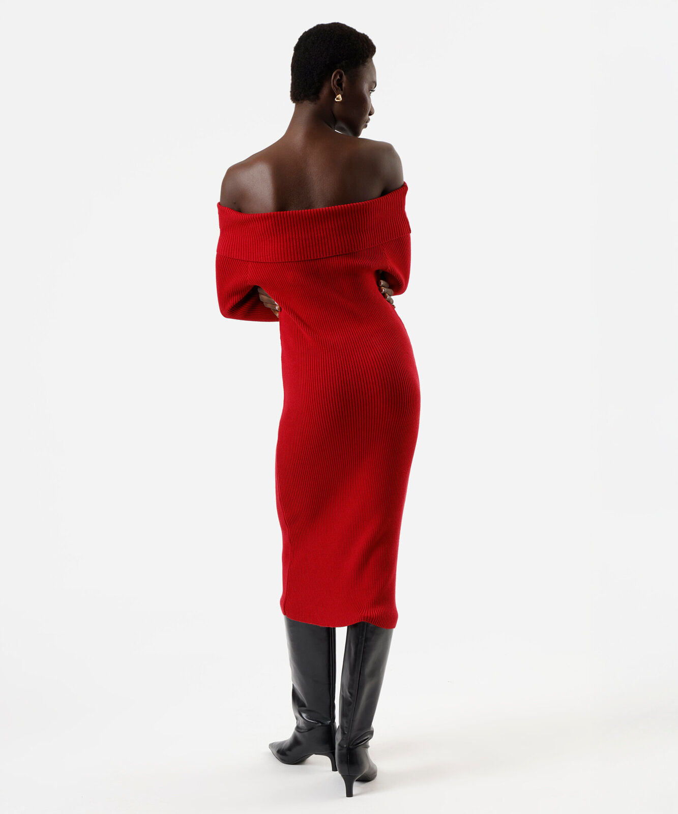 vestido ombro a ombro feminino de tricot canelado vermelho
