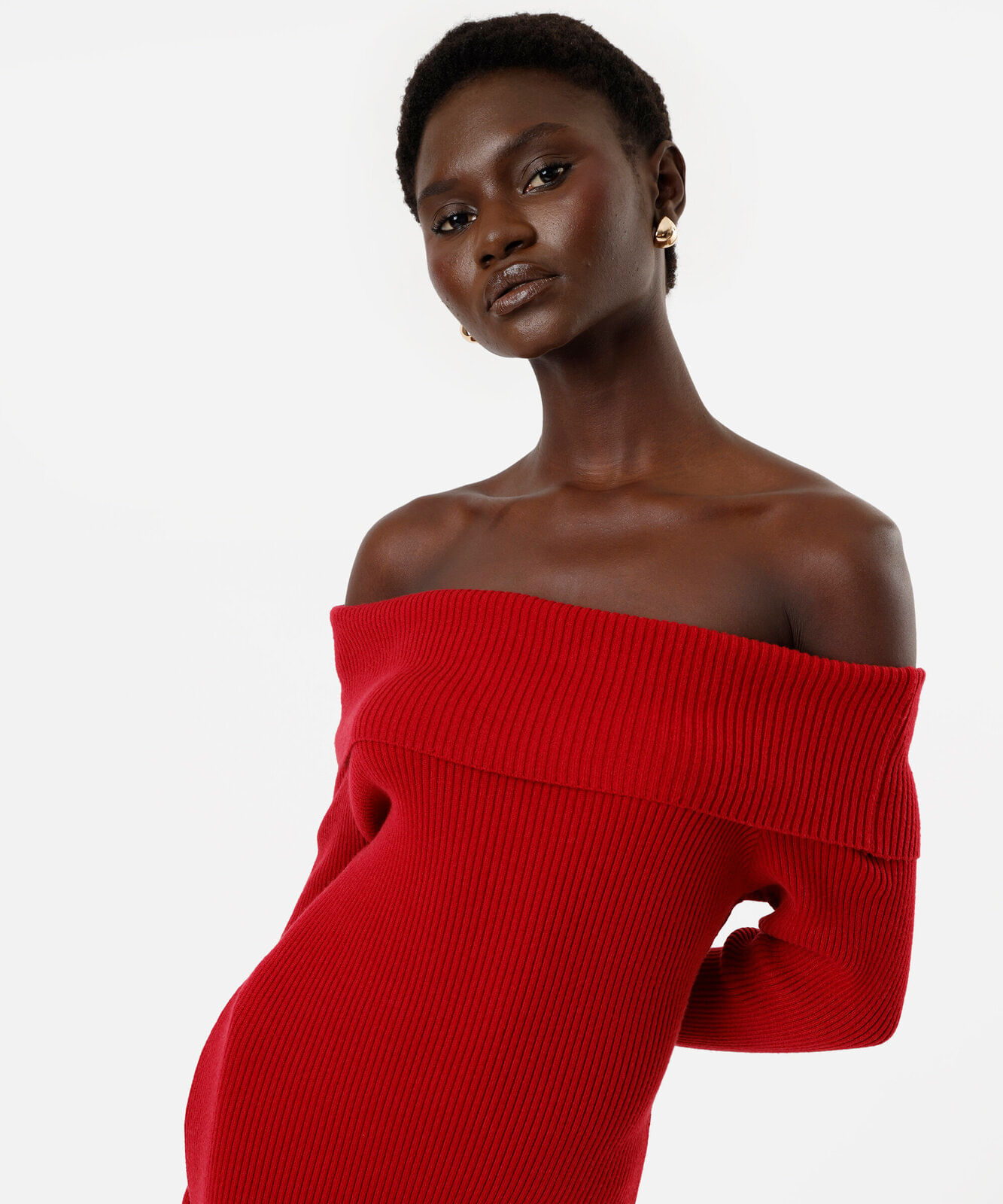 vestido ombro a ombro feminino de tricot canelado vermelho