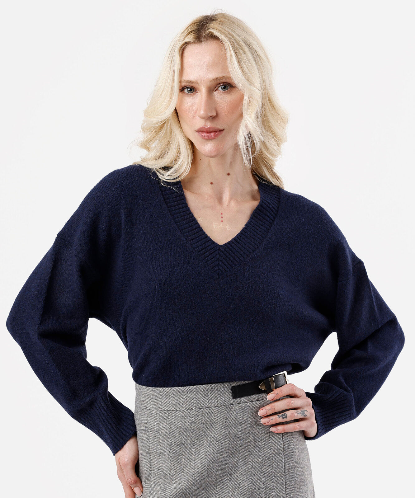 suéter feminino de tricot gola v azul