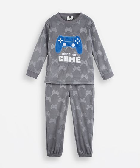 pijama longo infantil de fleece bordado cinza