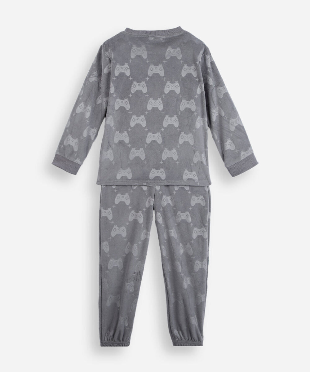 pijama longo infantil de fleece bordado cinza