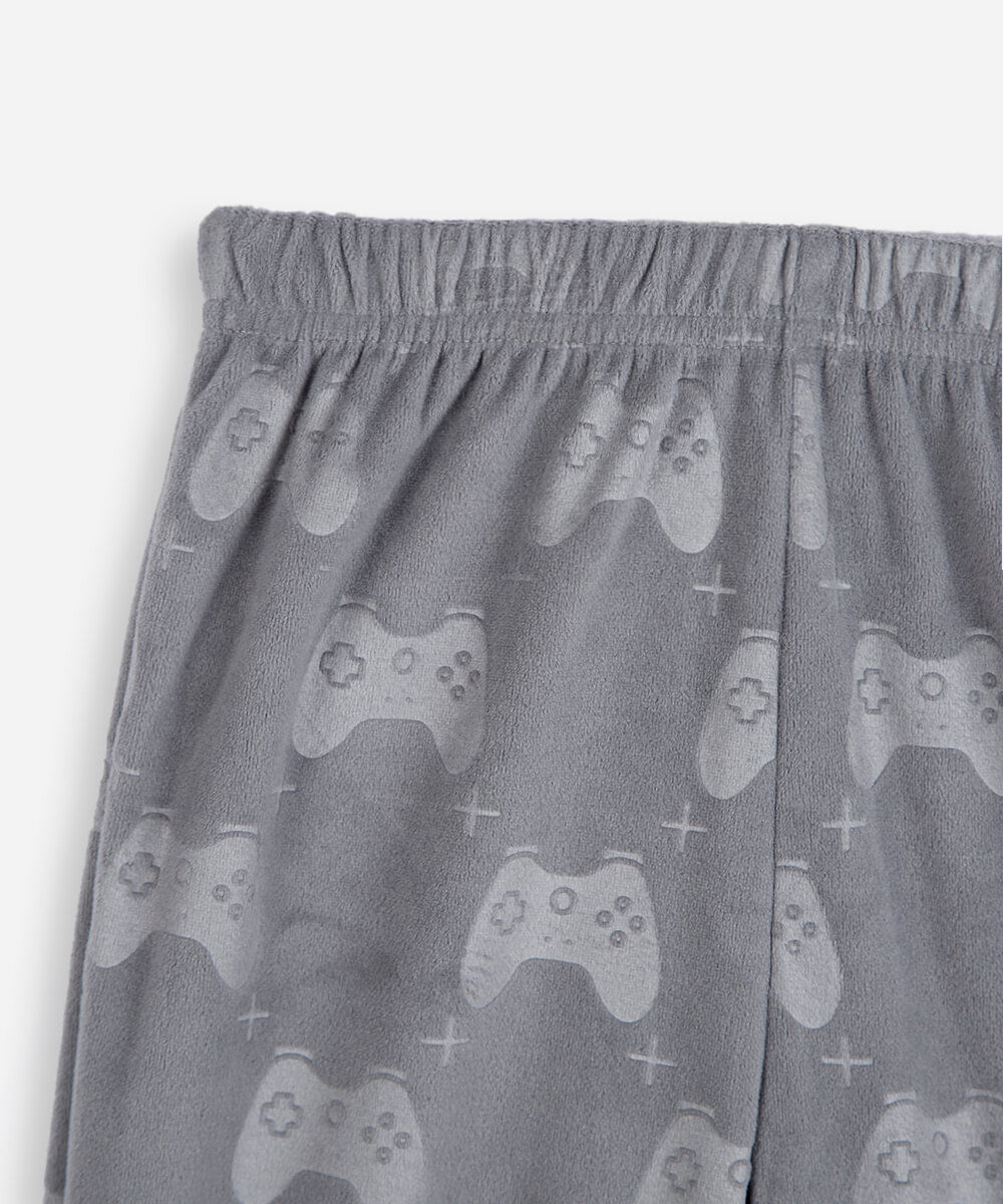 pijama longo infantil de fleece bordado cinza