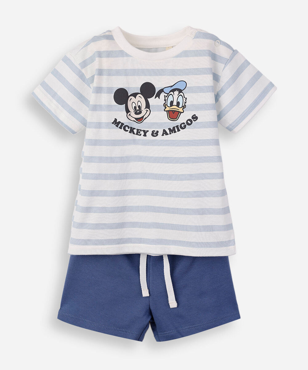 conjunto curto infantil de algodão turma do mickey listrado azul
