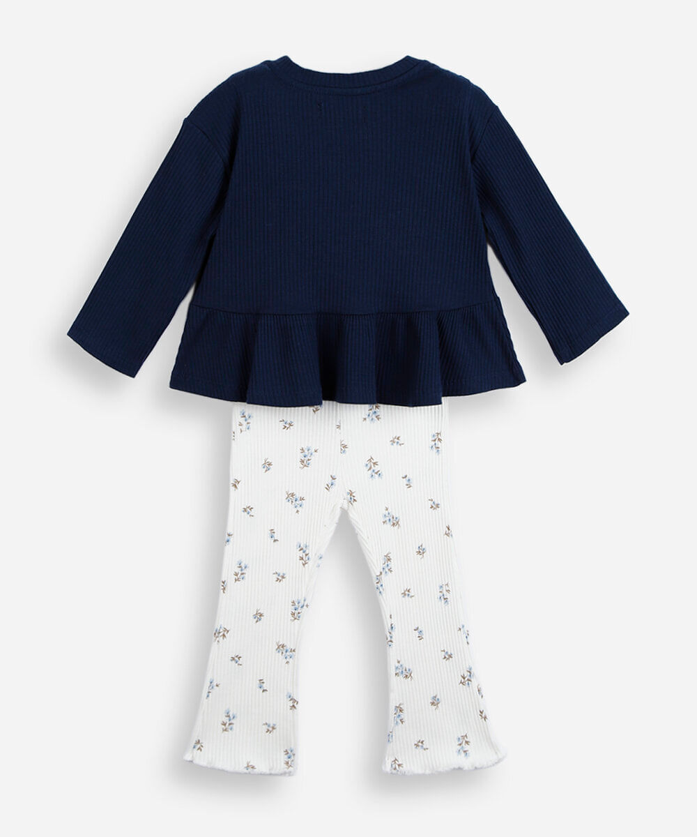 conjunto longo infantil de algodão floral azul