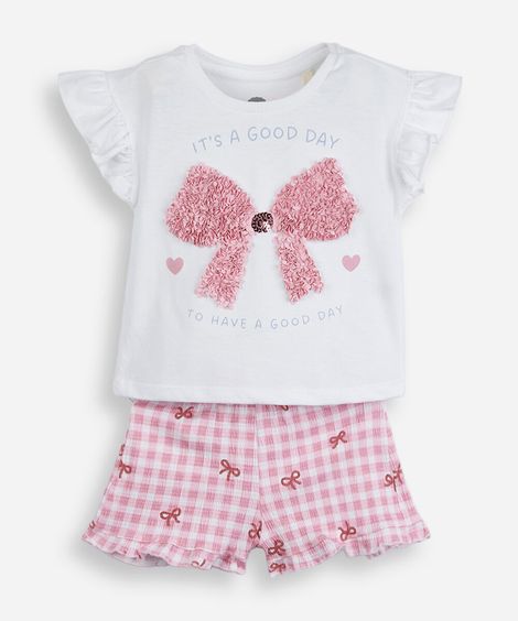 conjunto curto infantil de algodão com laços xadrez off white