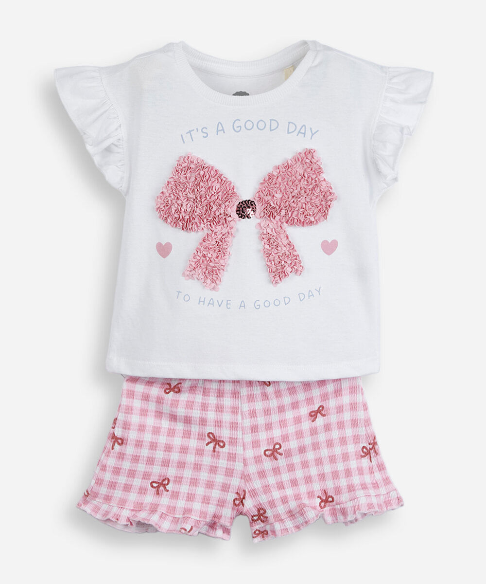 conjunto curto infantil de algodão com laços xadrez off white