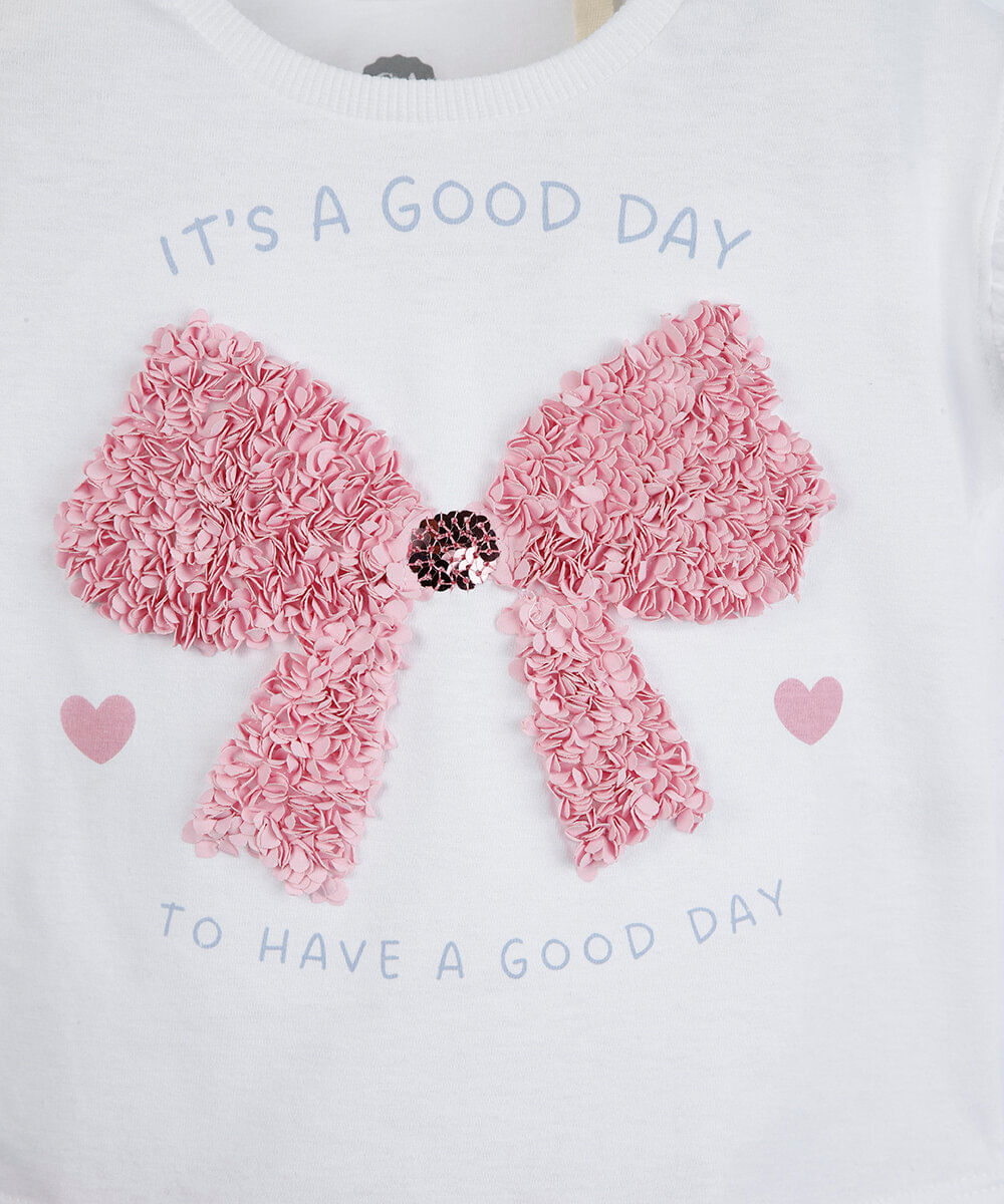 conjunto curto infantil de algodão com laços xadrez off white
