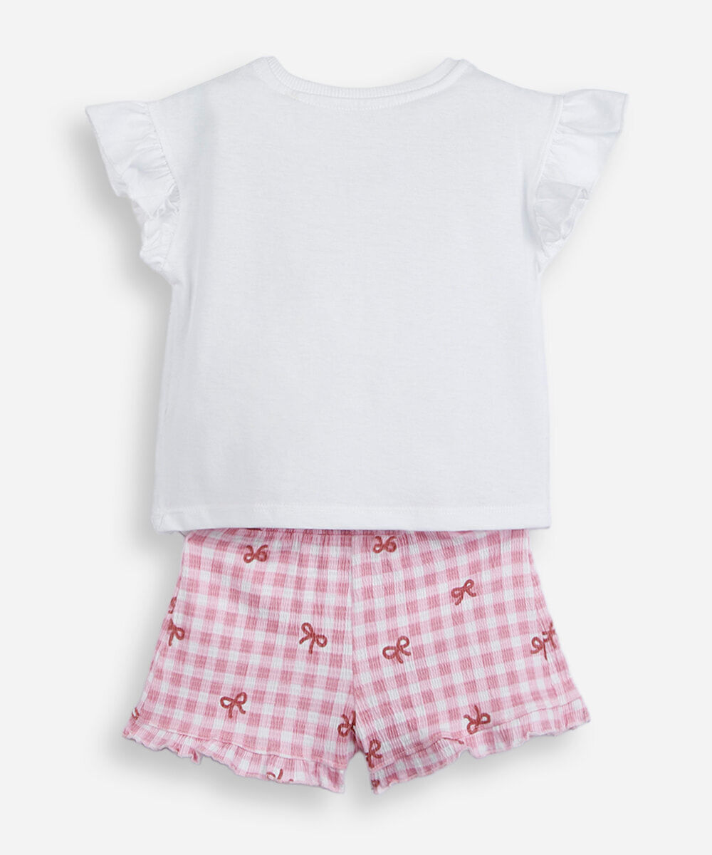 conjunto curto infantil de algodão com laços xadrez off white