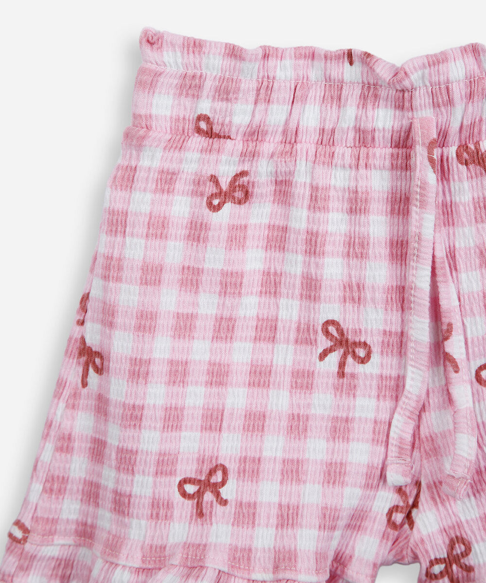 conjunto curto infantil de algodão com laços xadrez off white