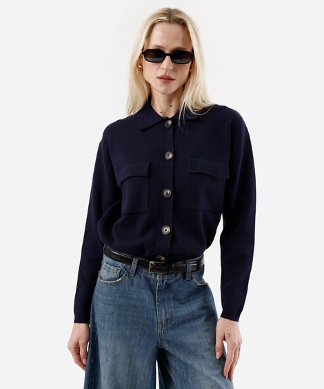 cardigan feminino de tricot com bolsos azul