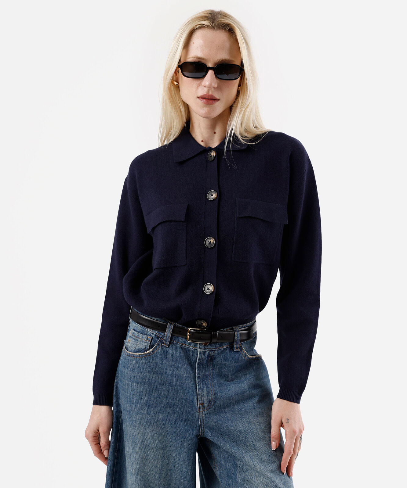 cardigan feminino de tricot com bolsos azul