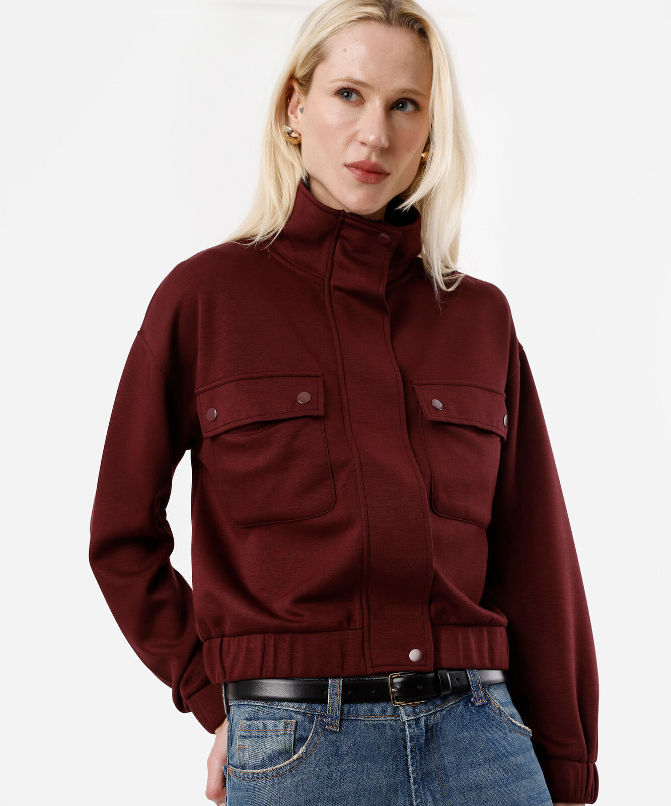 jaqueta feminina com viscose gola alta vinho