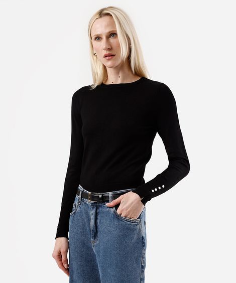 suéter feminino de tricot gola redonda preto