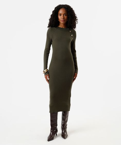 vestido midi feminino de tricot manga longa canelado verde
