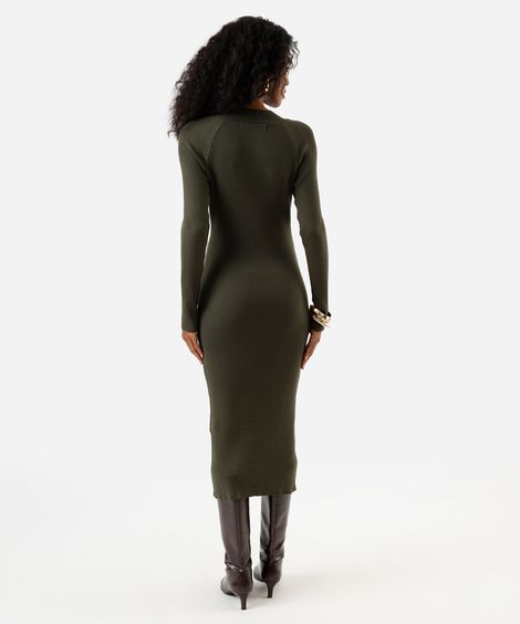 vestido midi feminino de tricot manga longa canelado verde