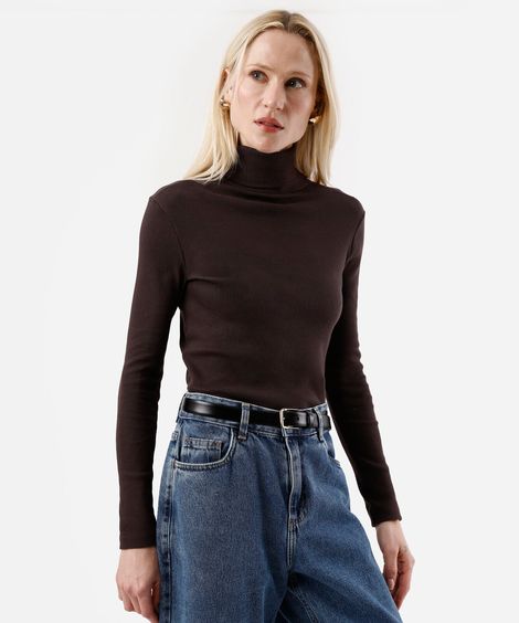 blusa de algodão cropped gola alta marrom