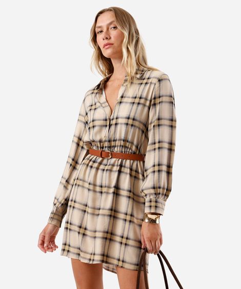 vestido curto feminino xadrez com cinto bege