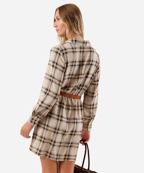 vestido curto feminino xadrez com cinto bege