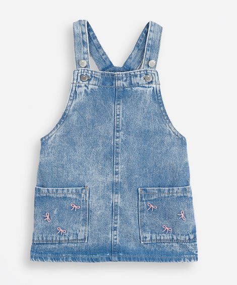 salopete infantil jeans com bolsos e bordados azul