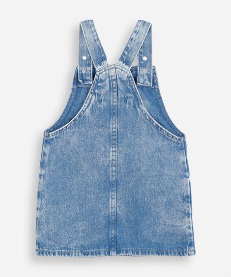 salopete infantil jeans com bolsos e bordados azul
