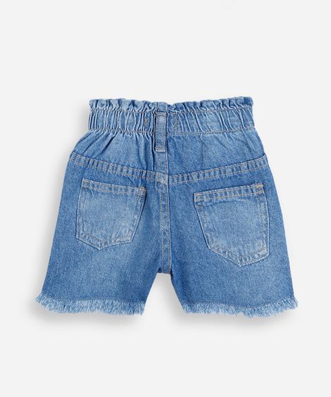 short clochard infantil jeans com barra desfiada bordado azul