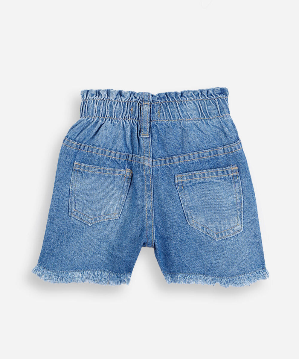 short clochard infantil jeans com barra desfiada bordado azul