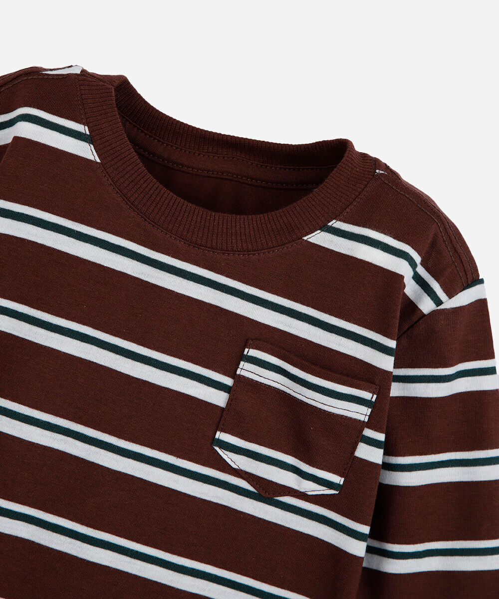 camiseta infantil com algodão manga longa listrada marrom