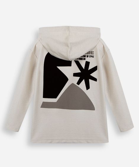 camiseta infantil com capuz estampada canelada bege