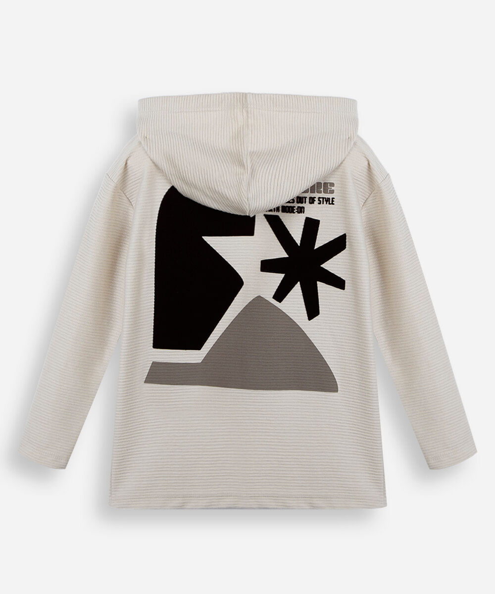 camiseta infantil com capuz estampada canelada bege