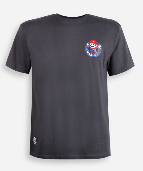 camiseta juvenil de algodão manga curta mario bros cinza