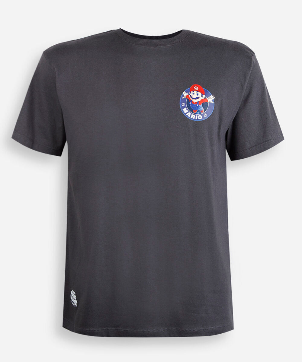camiseta juvenil de algodão manga curta mario bros cinza