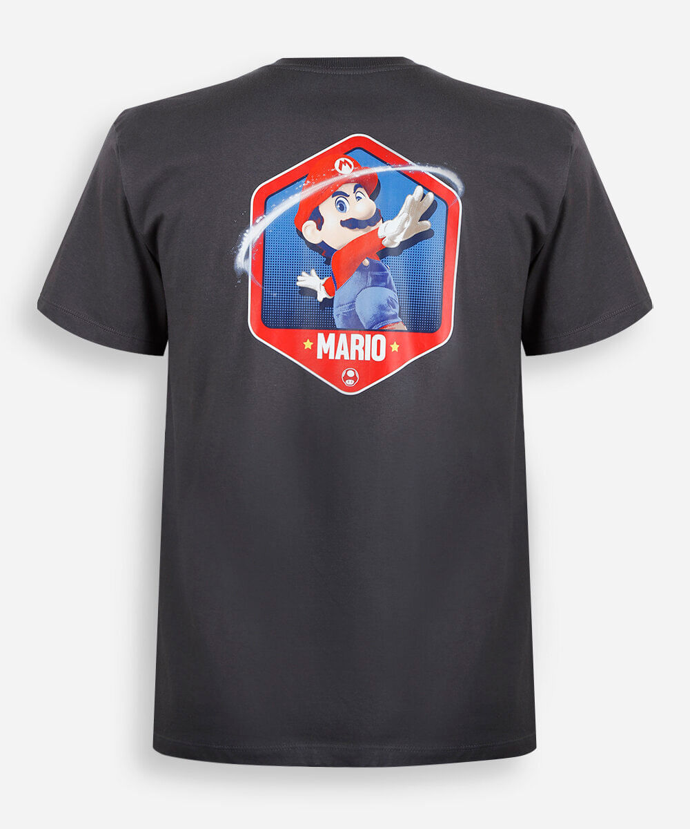camiseta juvenil de algodão manga curta mario bros cinza