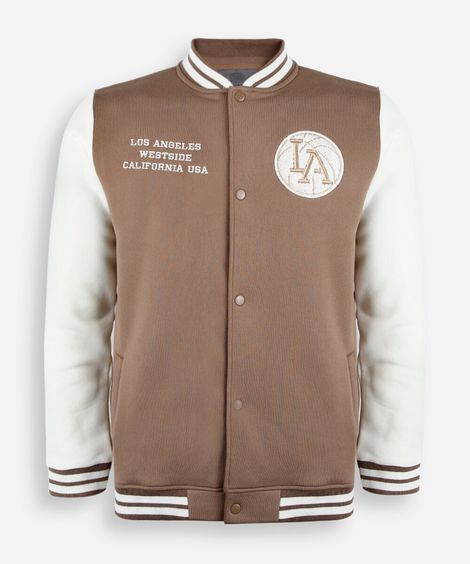 jaqueta bomber college juvenil bordada bege