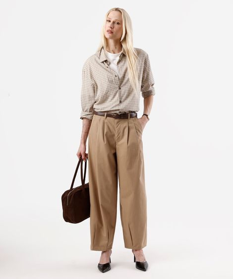 calça baggy feminina de sarja com pregas cintura média bege