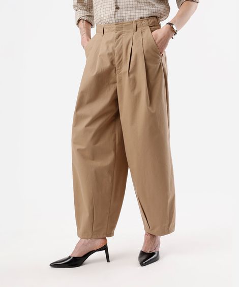 calça baggy feminina de sarja com pregas cintura média bege