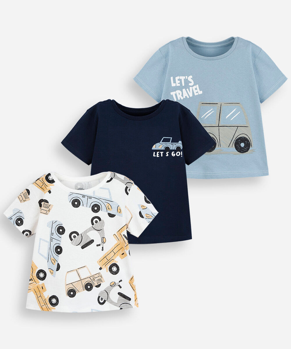 kit de 3 camisetas infantil de algodão manga curta estampado colorido