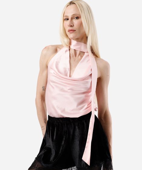 blusa frente única feminina decote degagê acetinada rosa