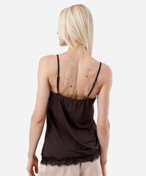 blusa assimétrica feminina com renda marrom