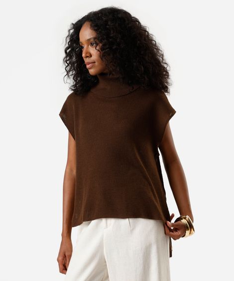 blusa feminina de tricot com abertura gola alta marrom